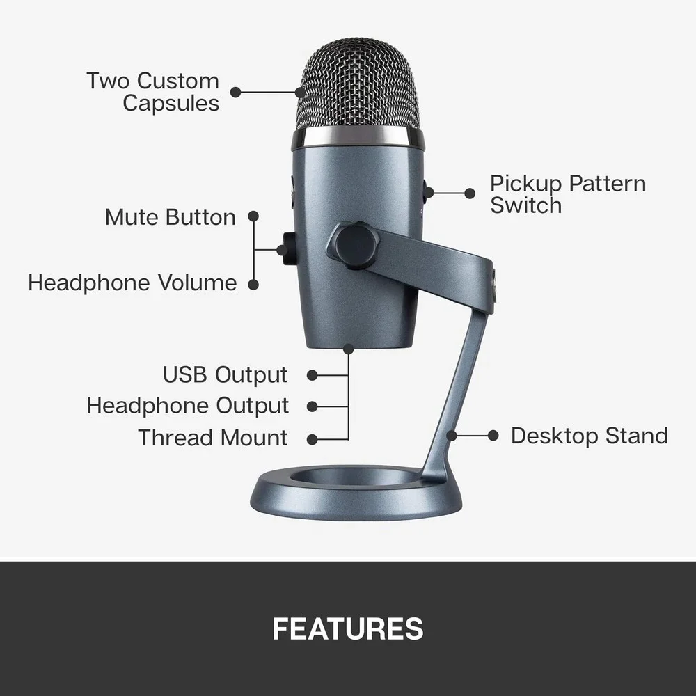 Logitech Blue Yeti Nano Premium USB Microphone for PC, Mac, Gaming, Shadow Grey